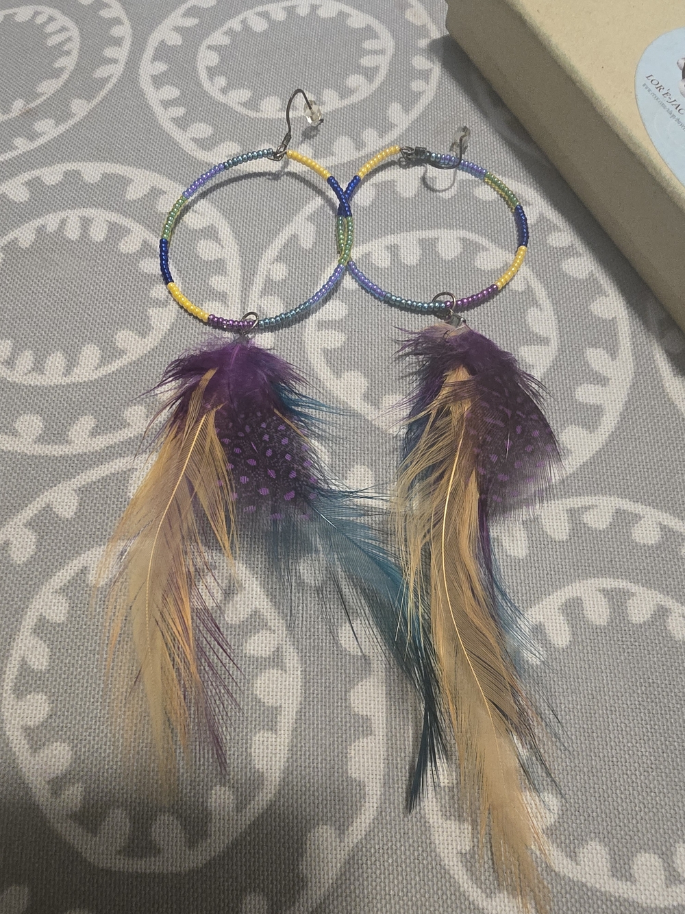 Boho Feather Hoop Earrings with Purple and Teal Accents